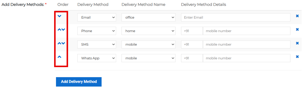 Delivery Methods section showing order adjustment controls for delivery methods.