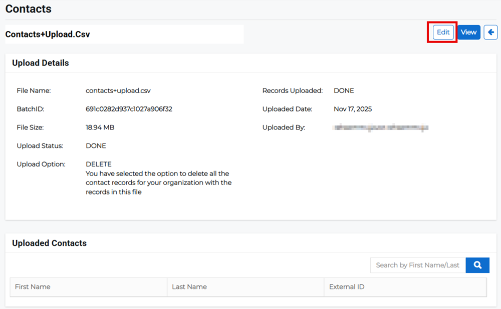 Upload Details page showing edit option for uploaded contacts file.