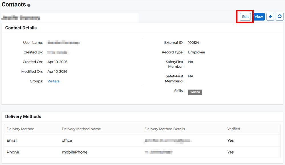 Contact Details page showing edit option for a contact.