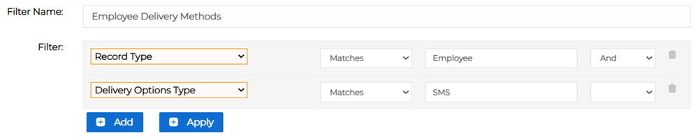 New Filter page showing filter criteria and conditions.
