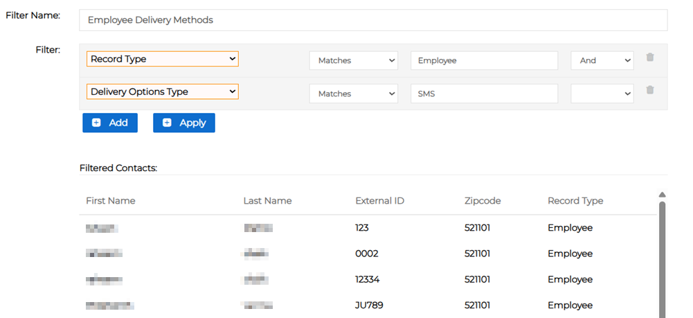 New Filter page showing applied filter and filtered contacts list.