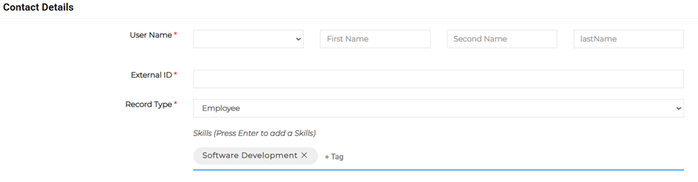 Contact Details section showing user name, external ID, and record type fields.