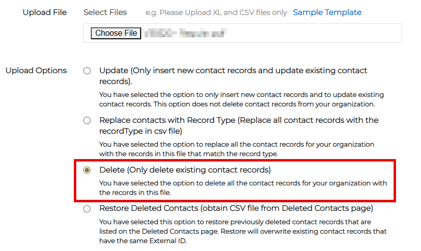 Upload Options section showing delete option selected for contact records.