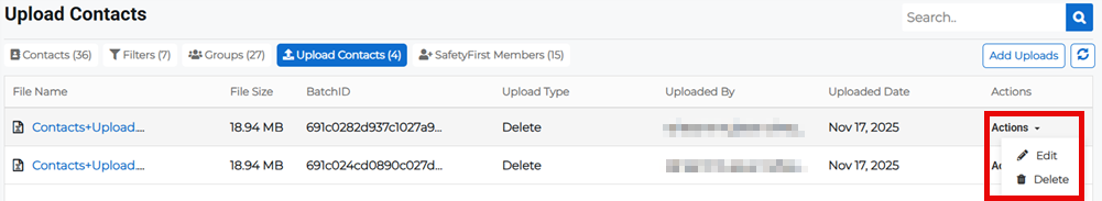 Upload Contacts tab showing Actions menu with edit option for uploaded file.
