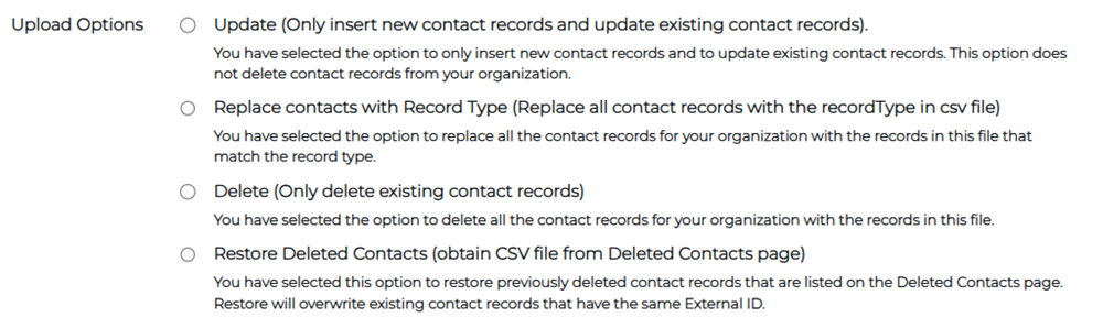Upload Options section showing update, replace, delete, and restore options.