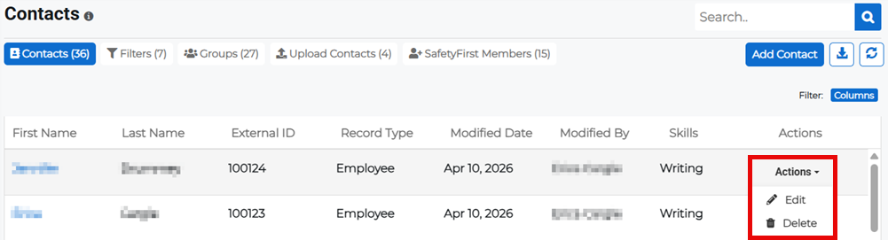 Contacts page showing Actions menu with edit option.