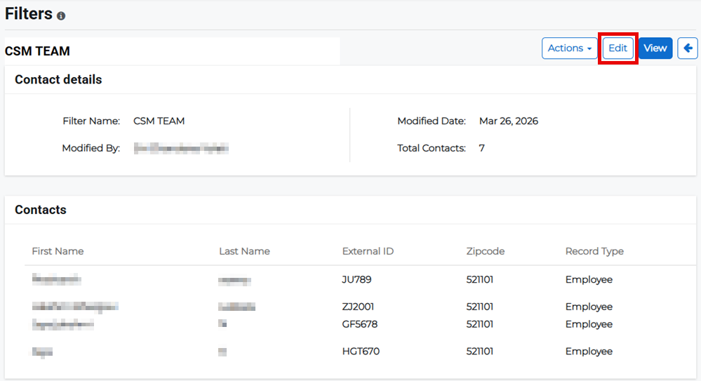 Filter Details page showing edit option for a filter.