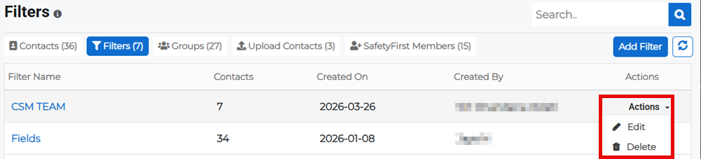Filters tab on the Contacts page showing Actions menu with edit option for a filter.