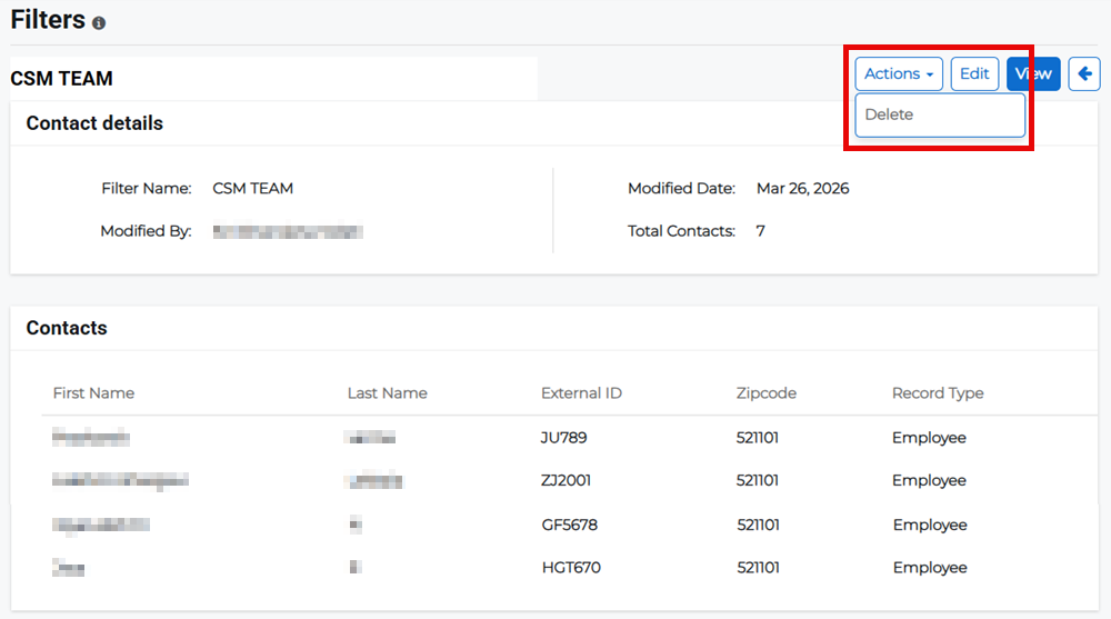 Filter Details page showing Actions menu with delete option.