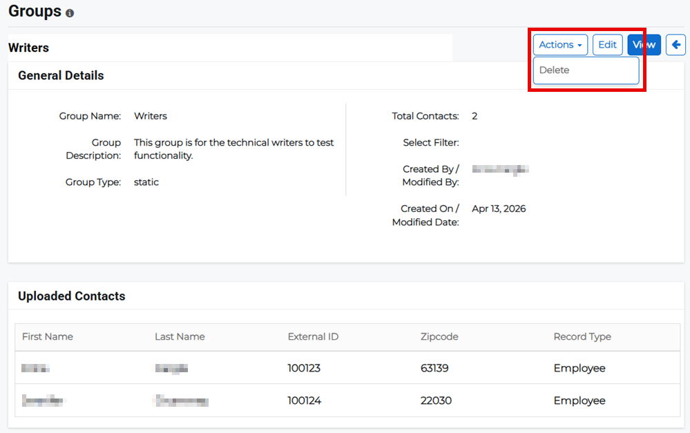 Group Details page showing Actions menu with delete option.