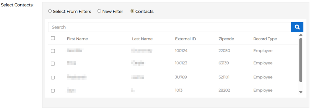Select Contacts section showing list of available contacts.