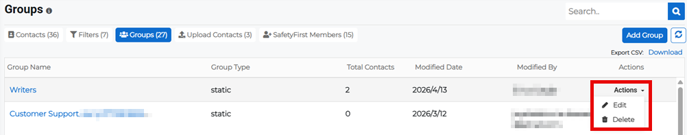 Groups tab on the Contacts page showing Actions menu with edit option for a group.