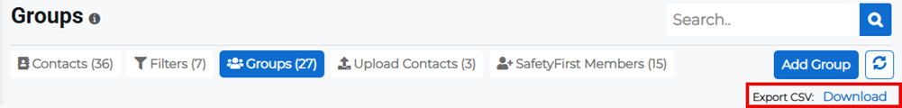 Groups tab on the Contacts page showing Export CSV download option.