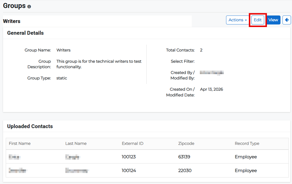 Group Details page showing edit option for a group.
