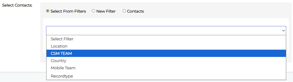 Select Contacts section showing filter selection dropdown.