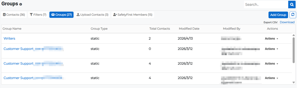 Groups tab on the Contacts page showing list of created groups.