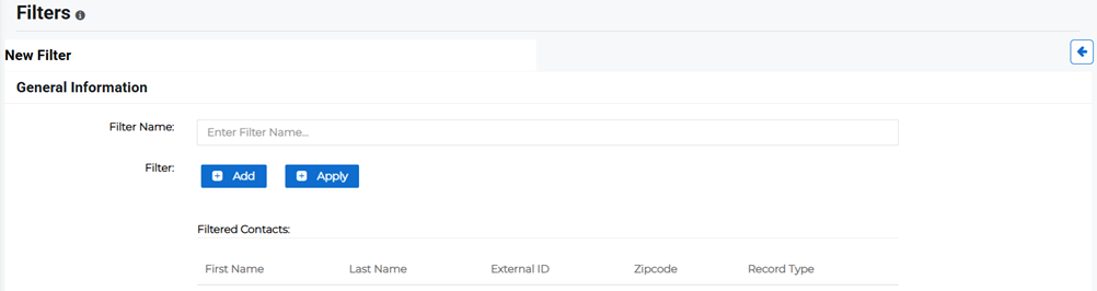 New Filter page showing filter name and filter options fields.