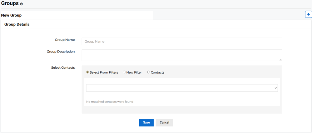 New Group page showing group details and contact selection options.
