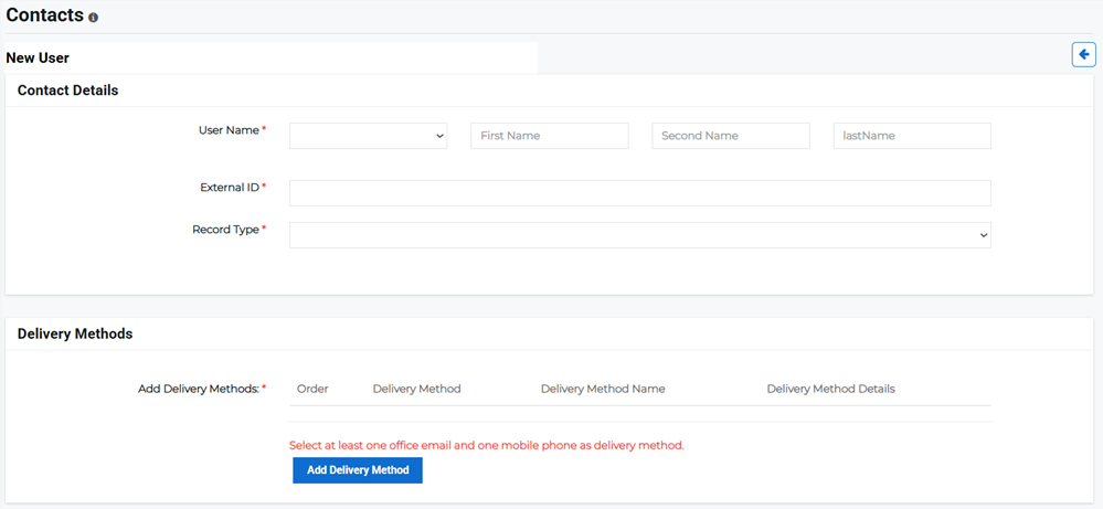 Add Contact page showing contact details and delivery methods fields.