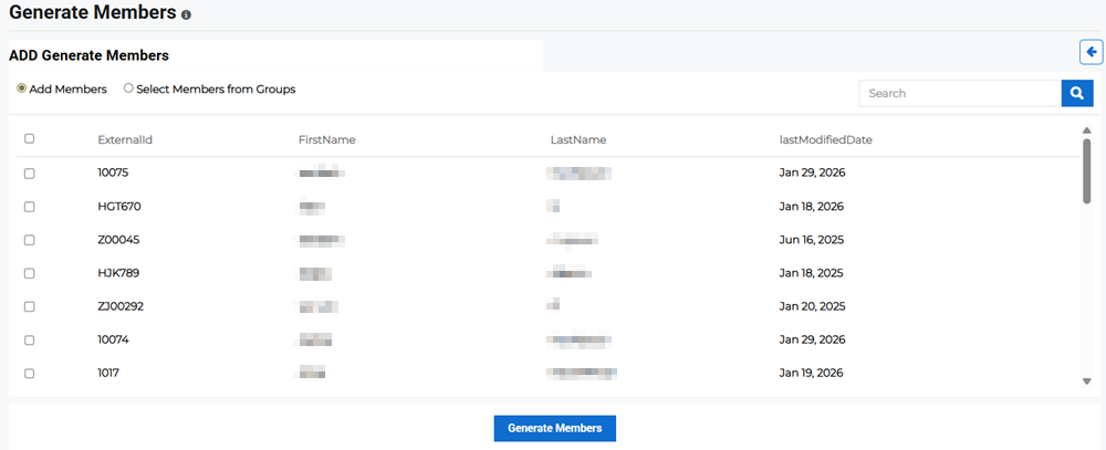 Generate Members page showing list of contacts for creating SafetyFirst members.