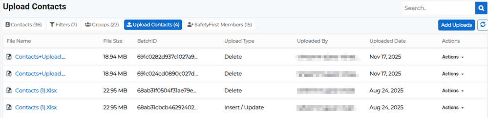 Upload Contacts page showing list of uploaded contact files.