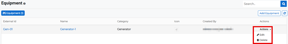 Equipment page showing Actions menu with edit option for equipment.