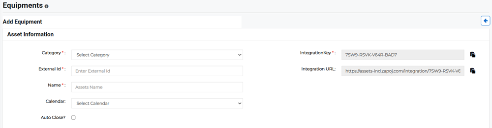 Add Equipment page showing asset information fields.