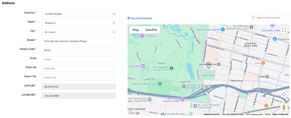 Address section showing equipment location details and map preview.