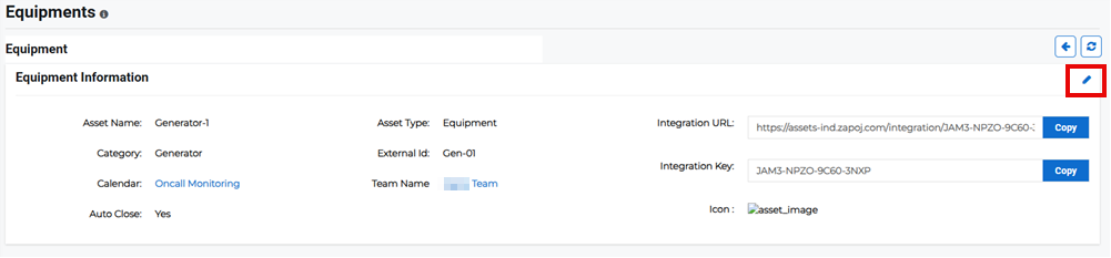 Equipment Details page showing edit option for equipment information.