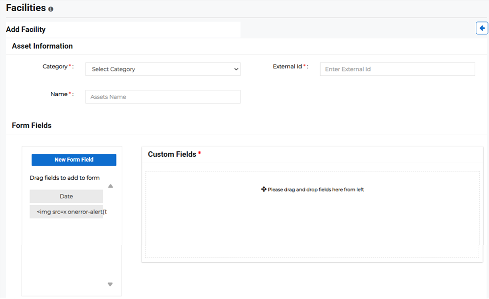Add Facility page showing asset information and custom fields section.