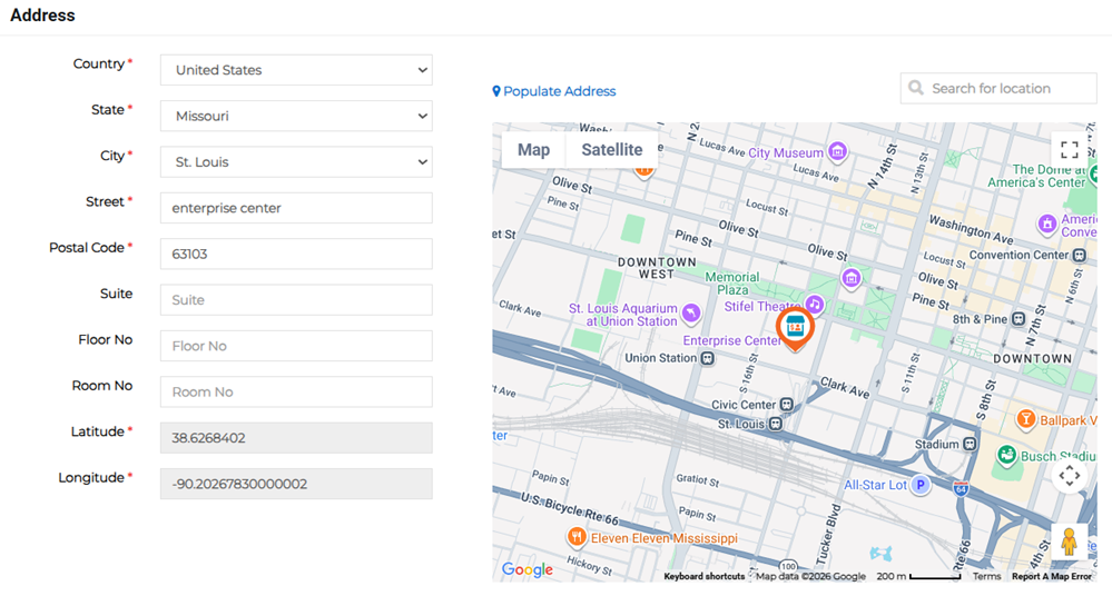 Address section showing facility location details and map preview.