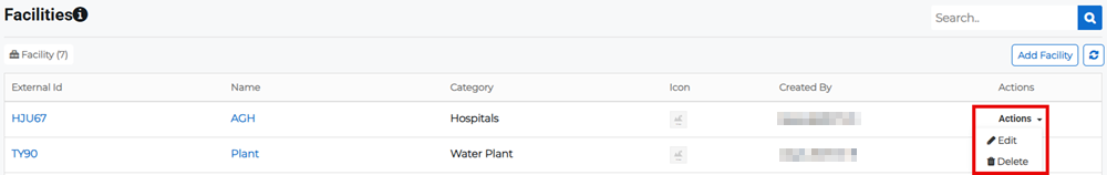 Facilities page showing Actions menu with edit option for a facility.