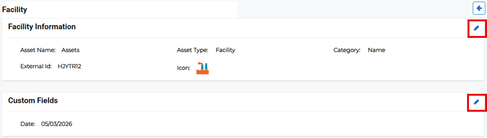 Facility Details page showing edit options for facility information and custom fields.