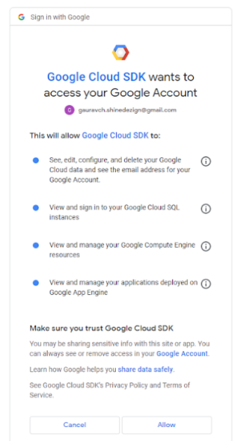Google Cloud SDK authorization page showing permission request dialog.