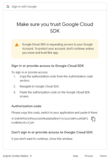 Google Cloud SDK authorization page showing generated authorization code.