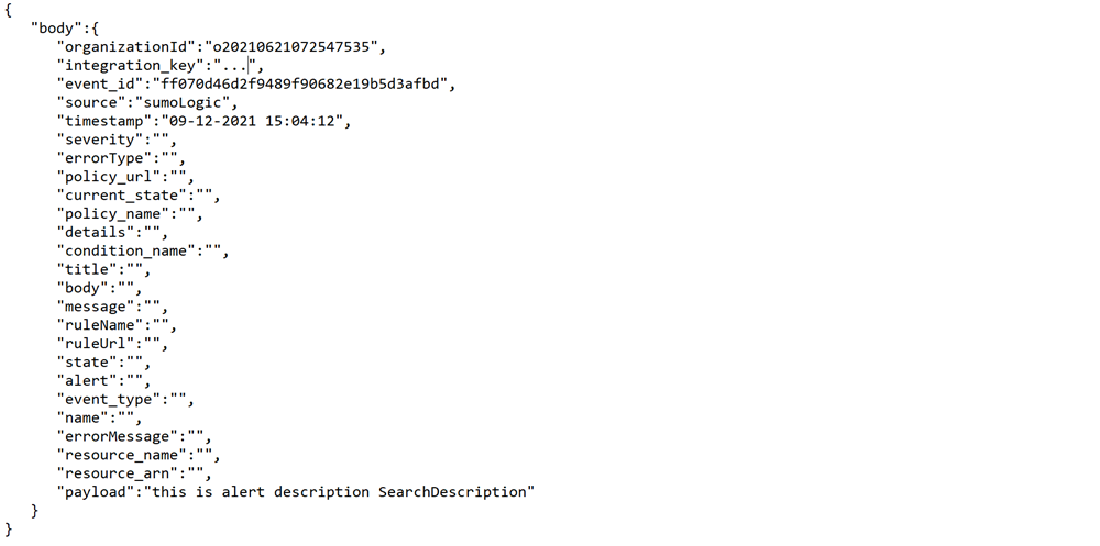 Event Out parsed object showing processed Sumo Logic alert payload.