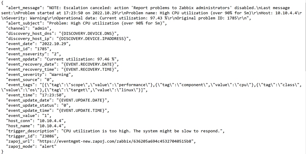 Event In sample object showing Zabbix alert payload structure.