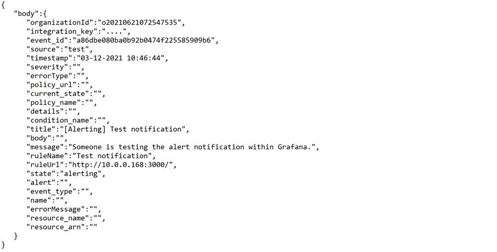Event Out parsed object showing Grafana webhook output payload.