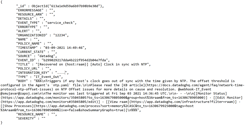 Event Out parsed object showing Datadog webhook payload structure.