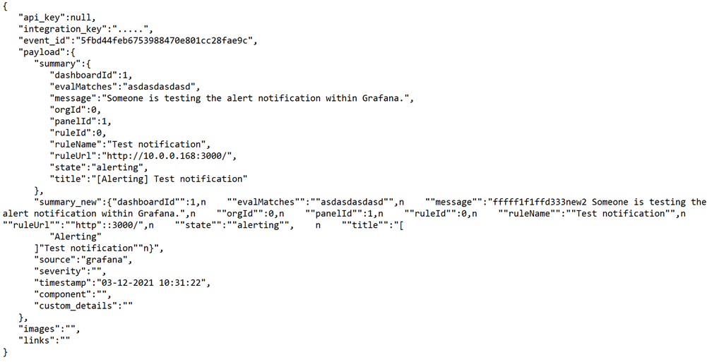 Event In sample object showing Grafana alert payload structure.