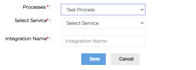 Add Integration dialog showing process, service, and integration name fields.