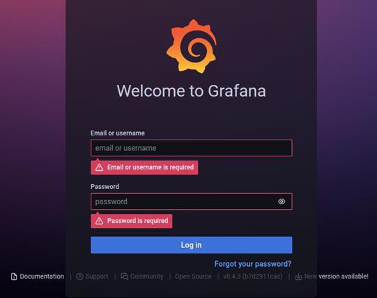 Grafana login page showing email/username and password fields.