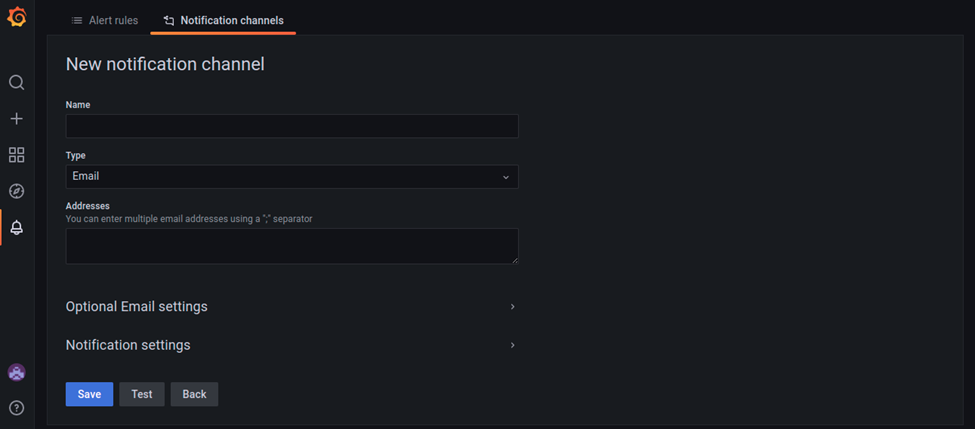 New Notification Channel page showing channel setup fields.