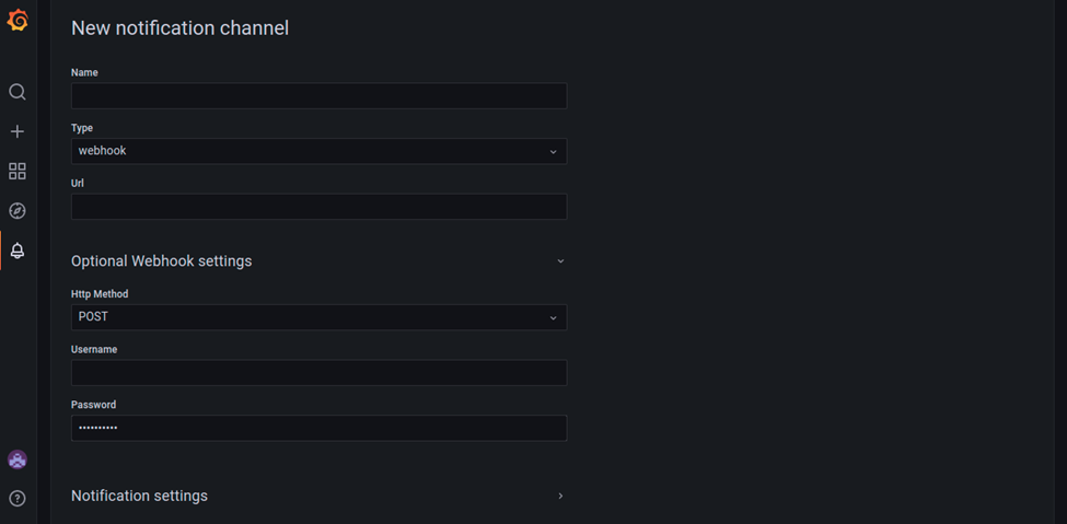 New Notification Channel page showing webhook configuration fields.