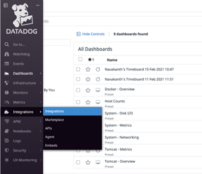 Datadog console showing Integrations menu.