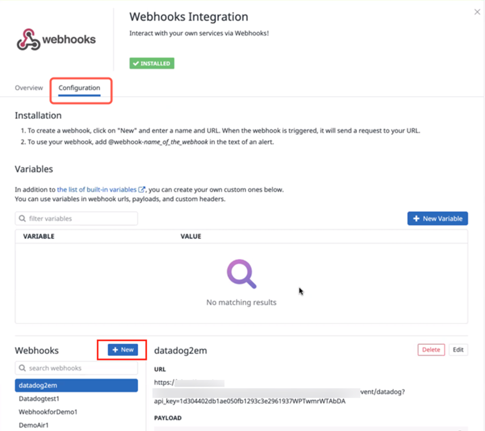 Webhooks Integration page showing Configuration tab and add new webhook option.