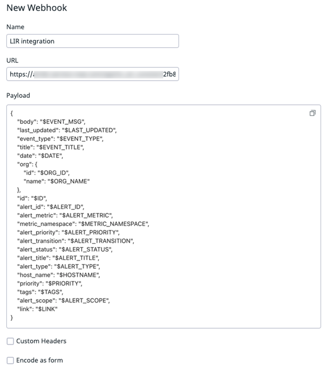 New Webhook form showing name, URL, and payload configuration.