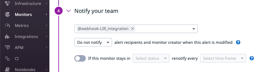 Monitor setup page showing webhook selection in Notify your team section.