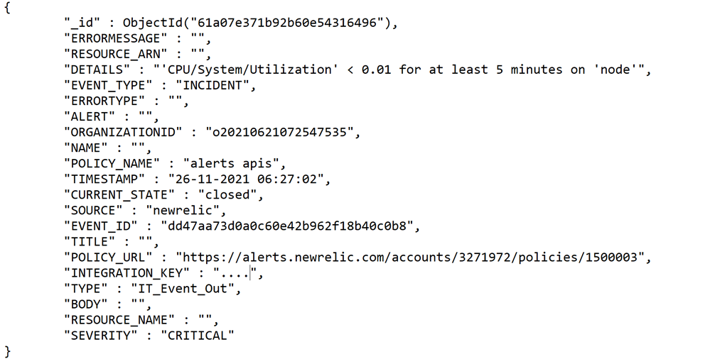 Event Out parsed objects showing New Relic incident webhook payload.