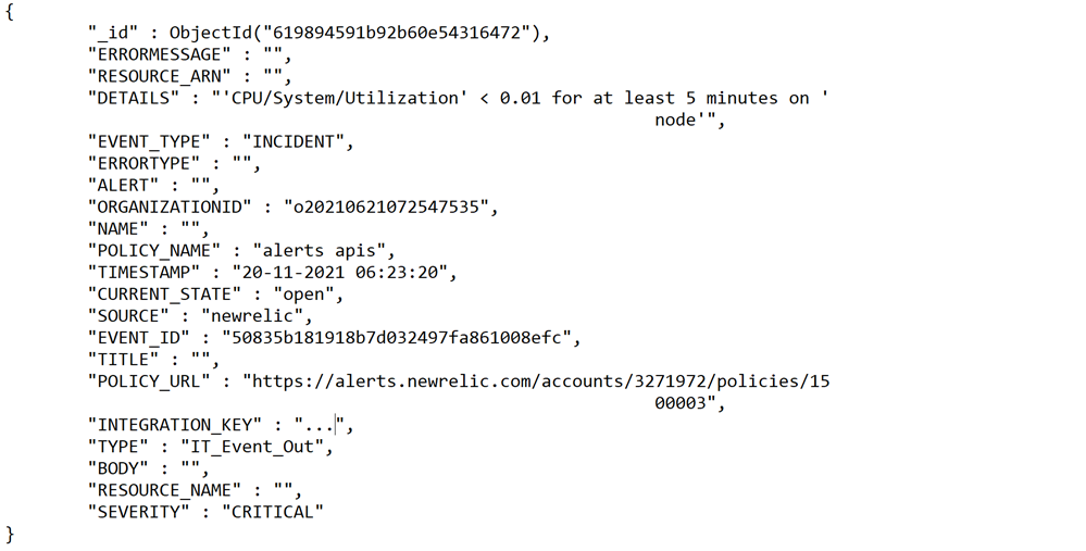 Event Out parsed objects showing New Relic incident webhook payload.